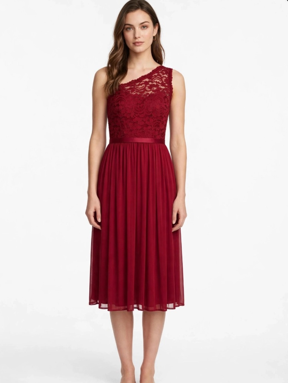 David's Bridal Size 10 Burgundy One Shoulder Lace Dress - Wine Red Chiffon